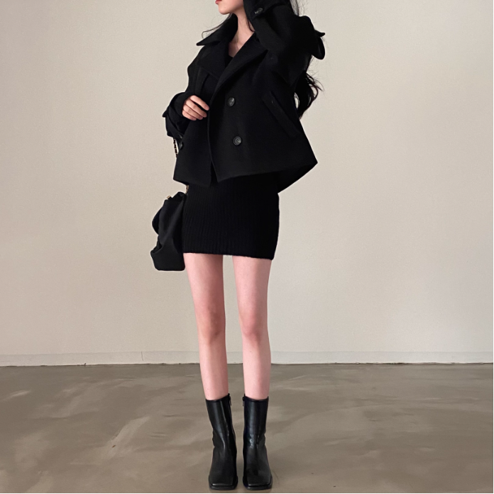 骨格ウェーブ 韓国シック メルトン調 ショートコート ダブルブレスト ゆったり