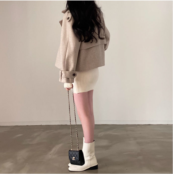 骨格ウェーブ 韓国シック メルトン調 ショートコート ダブルブレスト ゆったり