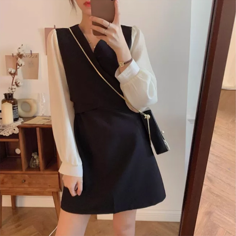 骨格ウェーブ 韓国風 カシュクール ミニワンピース Aライン 長袖 ウエストシェイプ