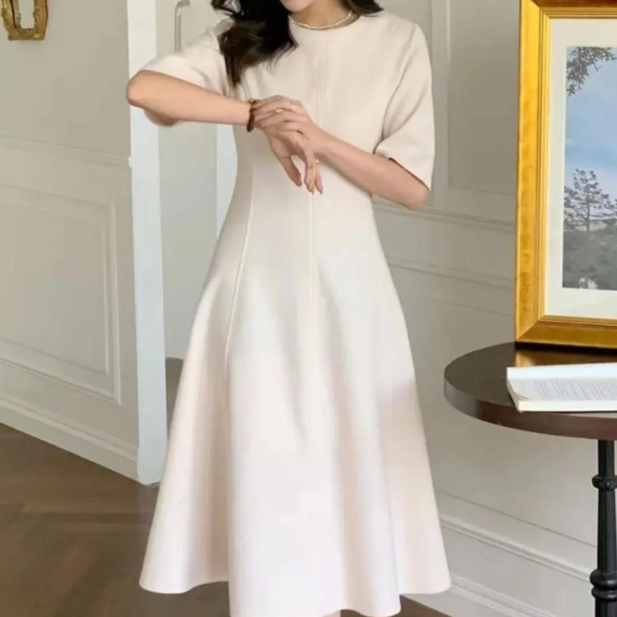 骨格ウェーブ上品ミモレ丈 5分袖フレアワンピース