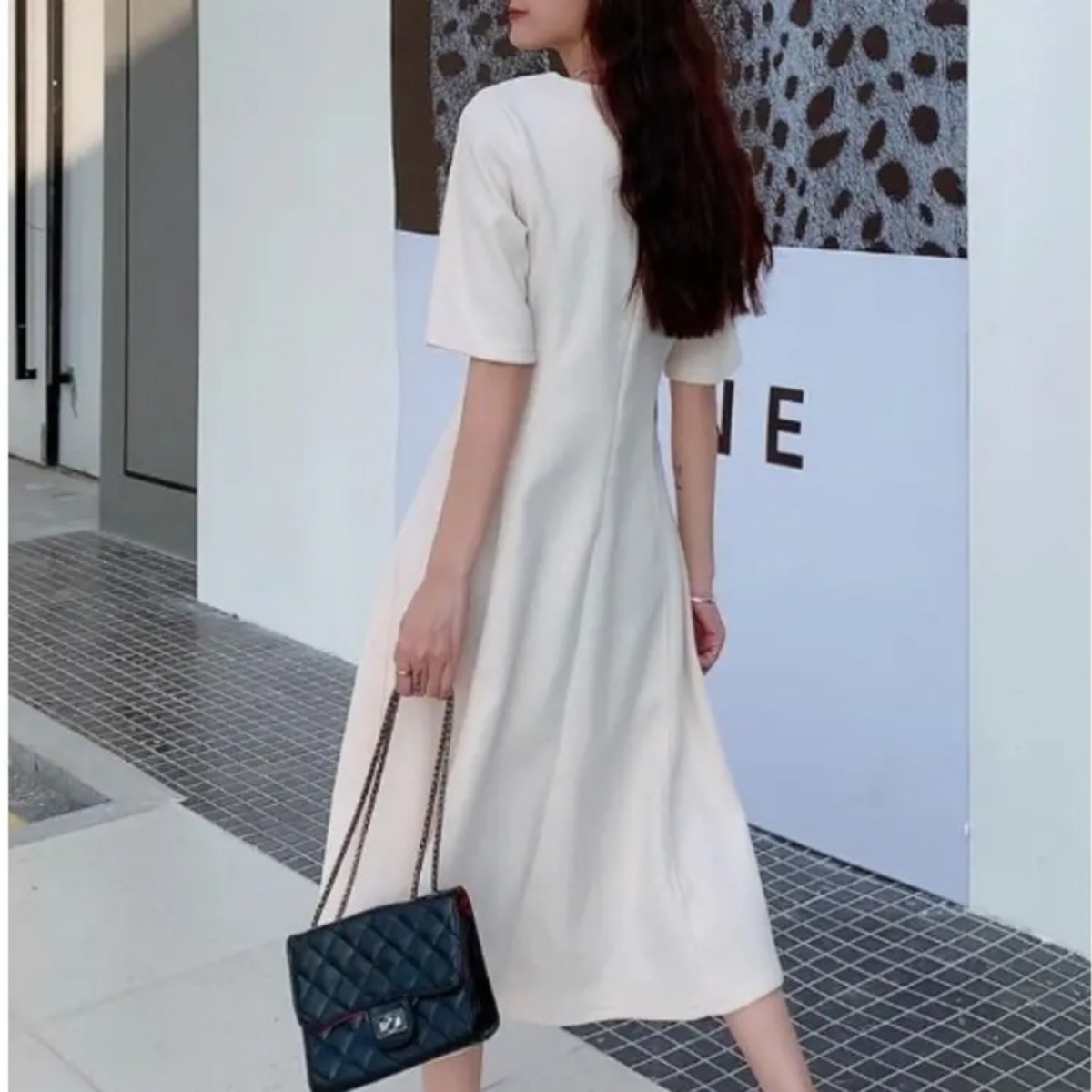 骨格ウェーブ上品ミモレ丈 5分袖フレアワンピース