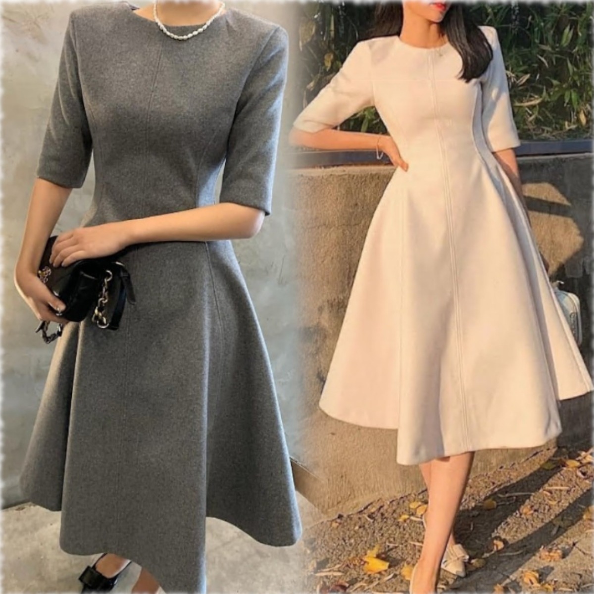 骨格ウェーブ上品ミモレ丈 5分袖フレアワンピース