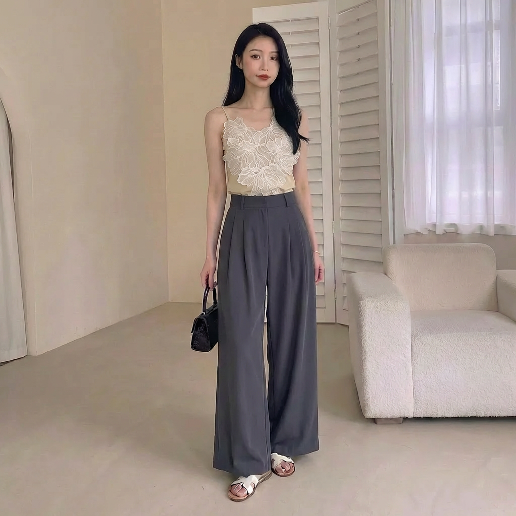 骨格ウェーブ上品レース ニットキャミトップス