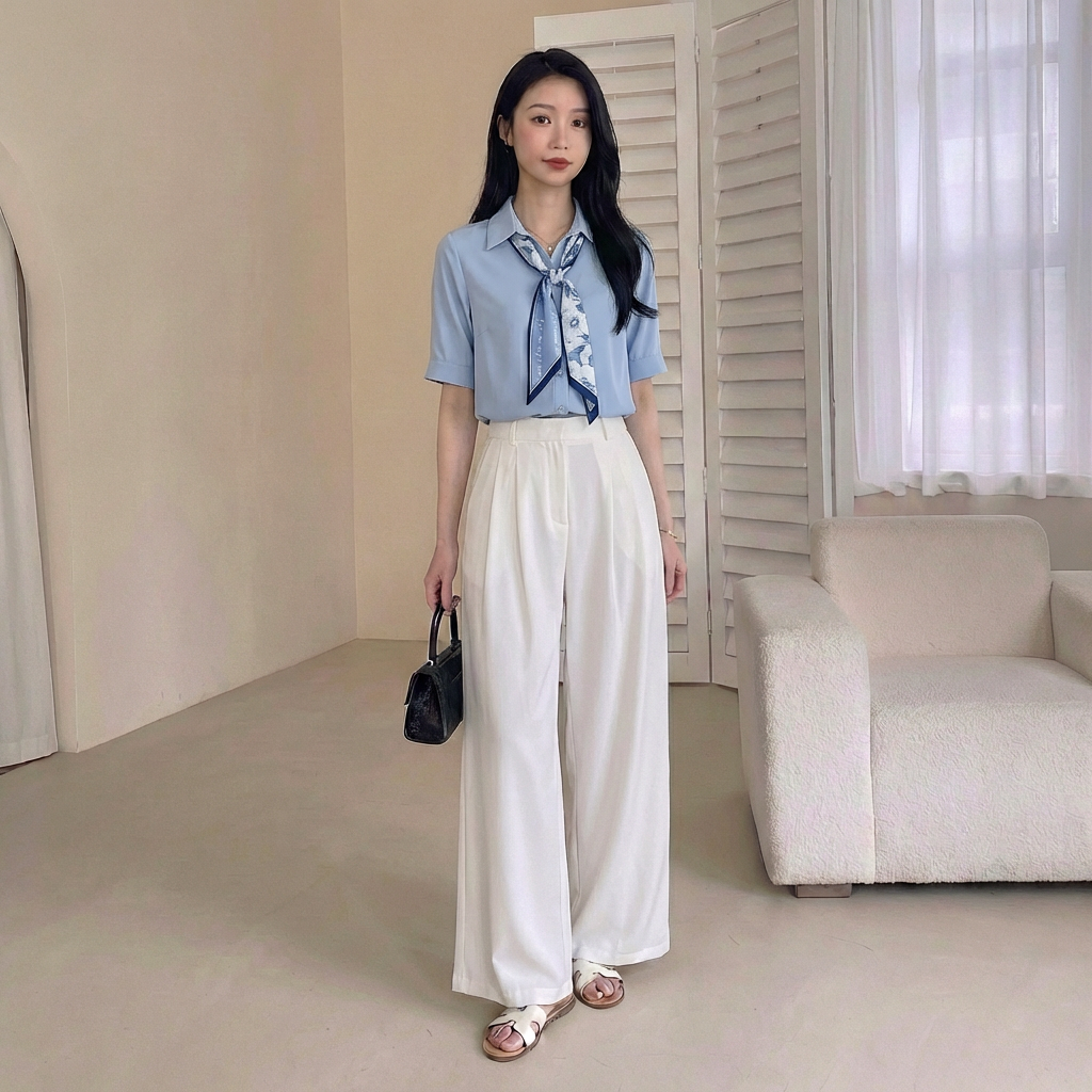 骨格ウェーブ とろみ素材 フローラルボウタイ5分袖ブラウス