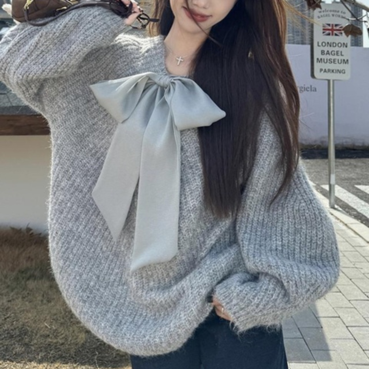 骨格ウェーブ リボンデザイン ニット ゆるっとセーター グレー 大人可愛い
