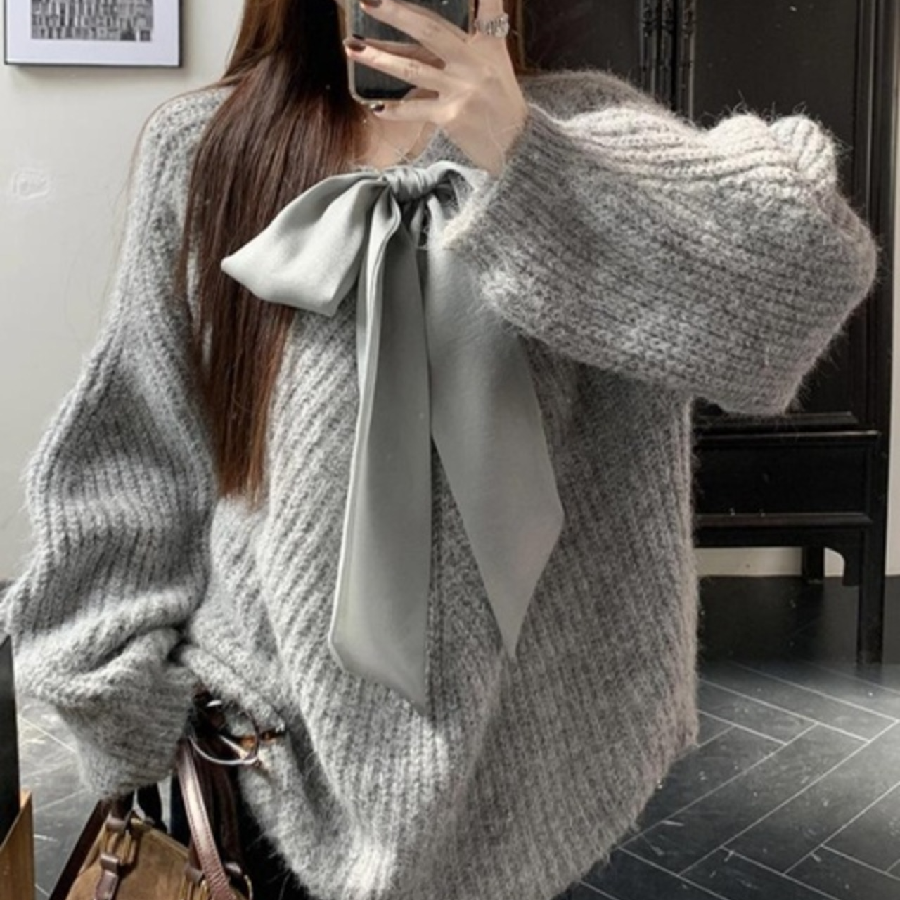 骨格ウェーブ リボンデザイン ニット ゆるっとセーター グレー 大人可愛い
