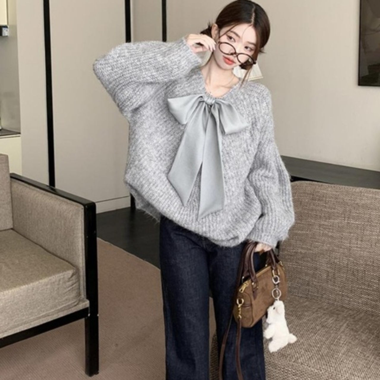 骨格ウェーブ リボンデザイン ニット ゆるっとセーター グレー 大人可愛い