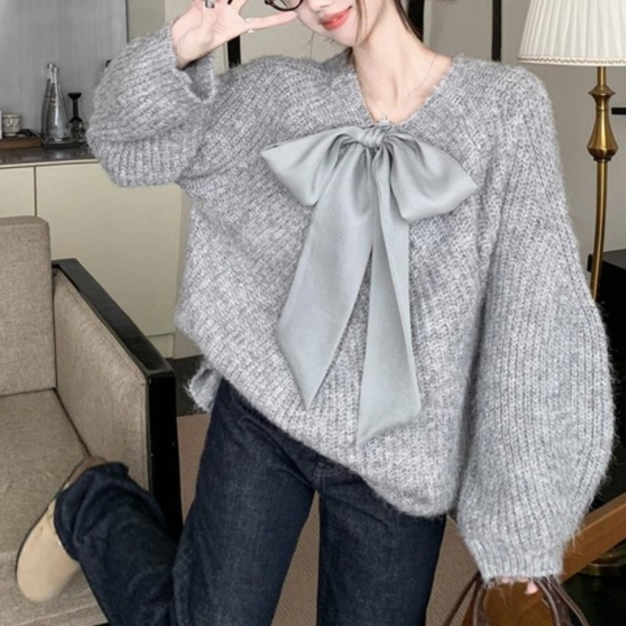 骨格ウェーブ リボンデザイン ニット ゆるっとセーター グレー 大人可愛い