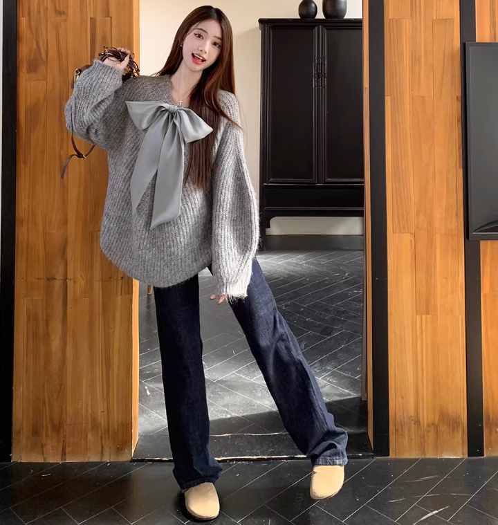 骨格ウェーブ リボンデザイン ニット ゆるっとセーター グレー 大人可愛い