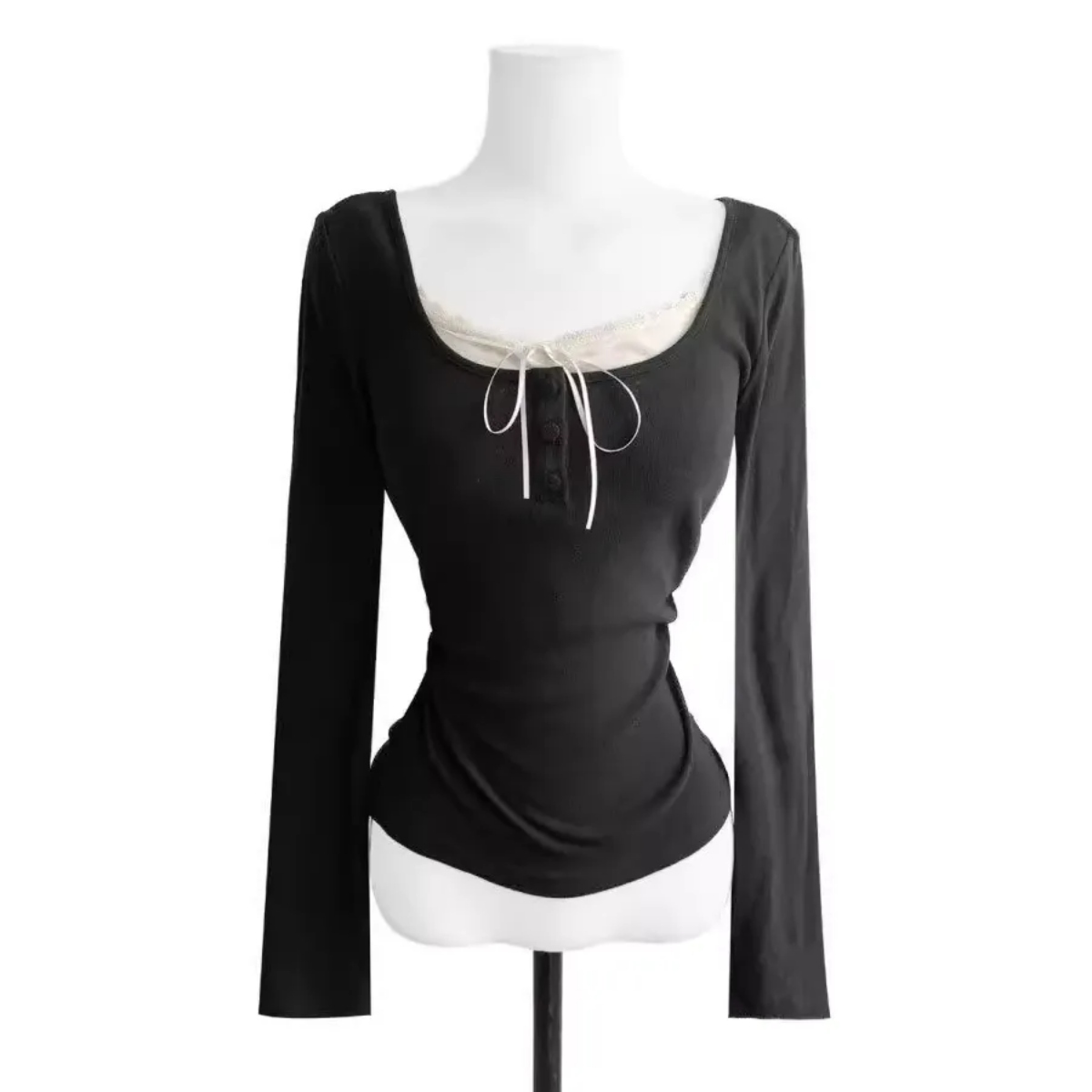 骨格ウェーブ さりげ盛れ レイヤード風リボン スリムカットソー