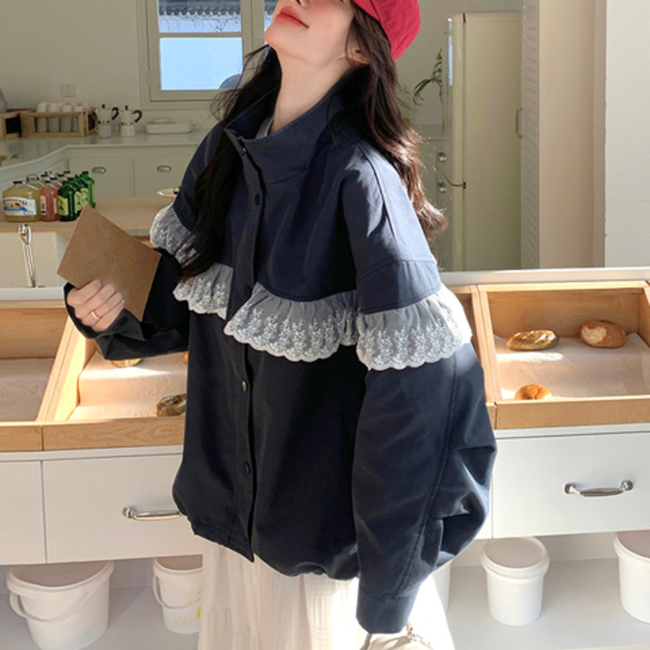 骨格ウェーブ ライトアウター レース切替 スタンドカラー ネイビー  カジュアル&エレガント