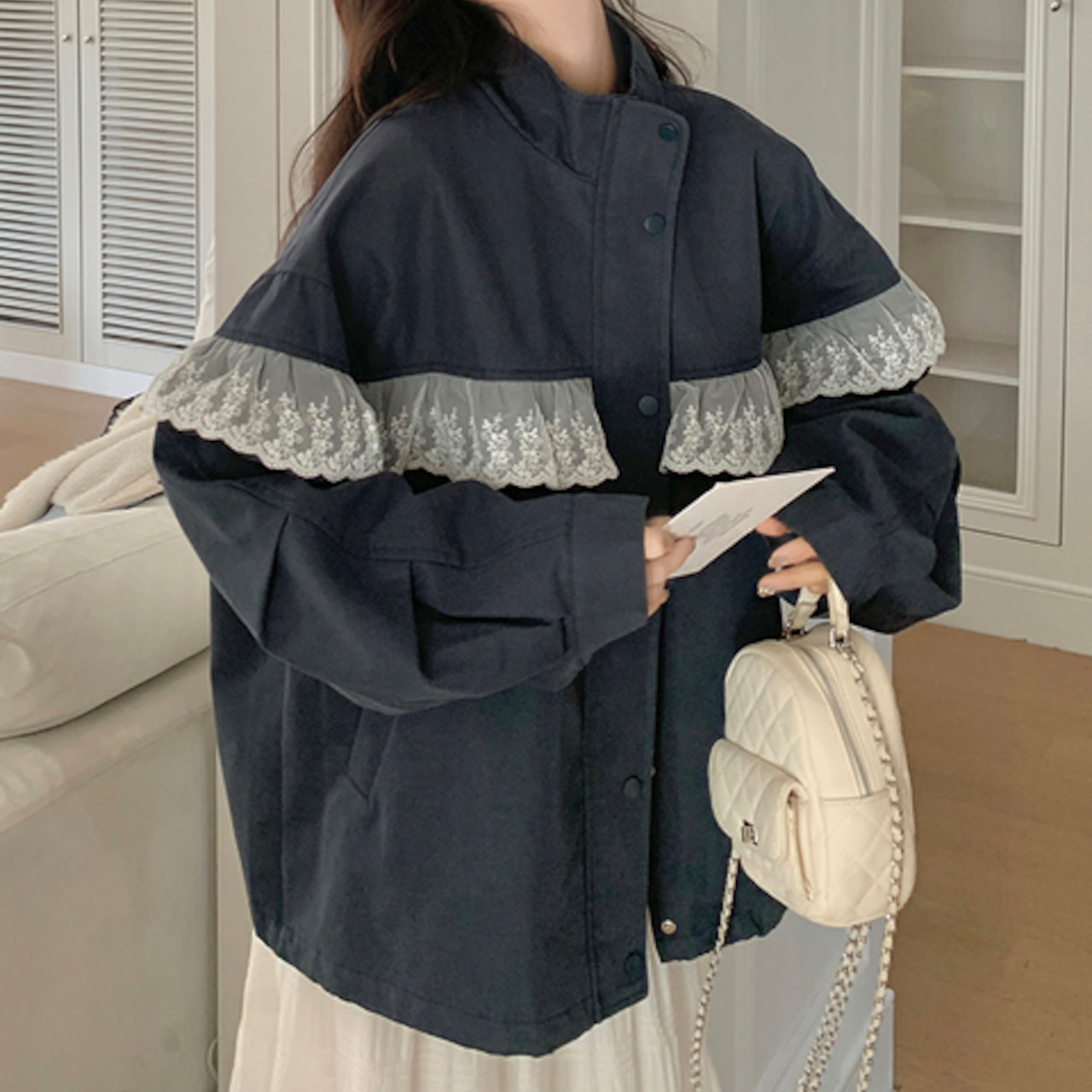 骨格ウェーブ ライトアウター レース切替 スタンドカラー ネイビー  カジュアル&エレガント