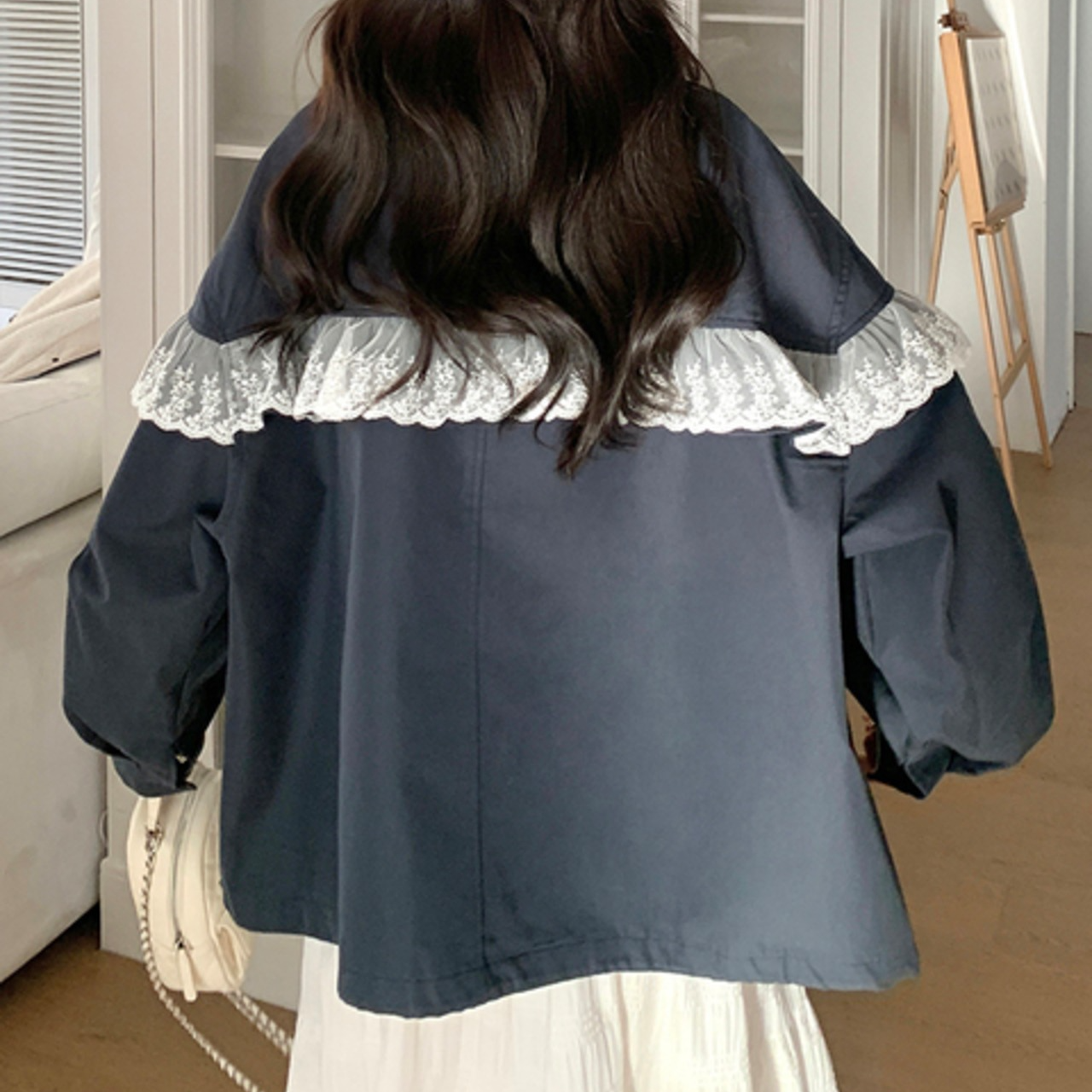 骨格ウェーブ ライトアウター レース切替 スタンドカラー ネイビー  カジュアル&エレガント