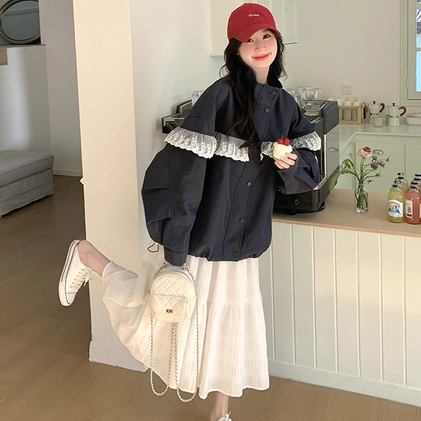 骨格ウェーブ ライトアウター レース切替 スタンドカラー ネイビー  カジュアル&エレガント