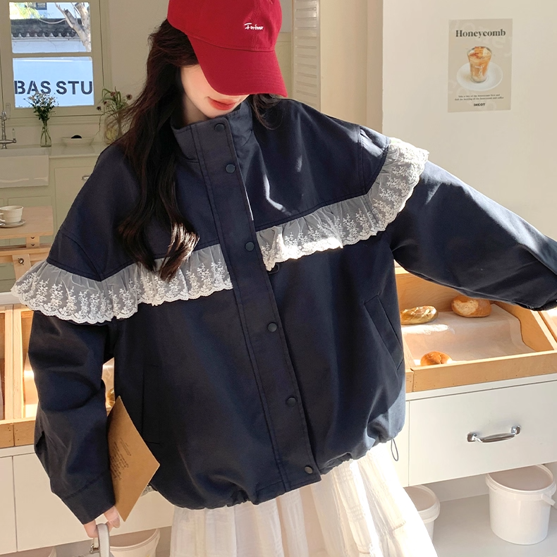 骨格ウェーブ ライトアウター レース切替 スタンドカラー ネイビー  カジュアル&エレガント