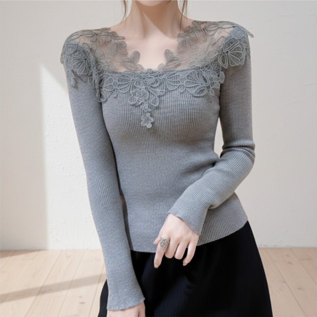 骨格ウェーブ 華やかレース オフショルリブニット