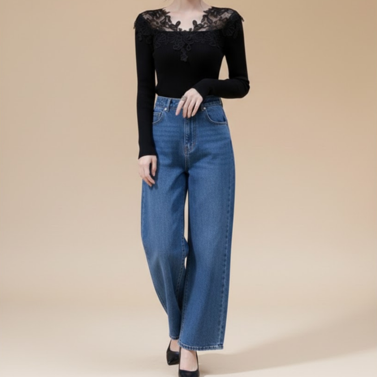 骨格ウェーブ 華やかレース オフショルリブニット