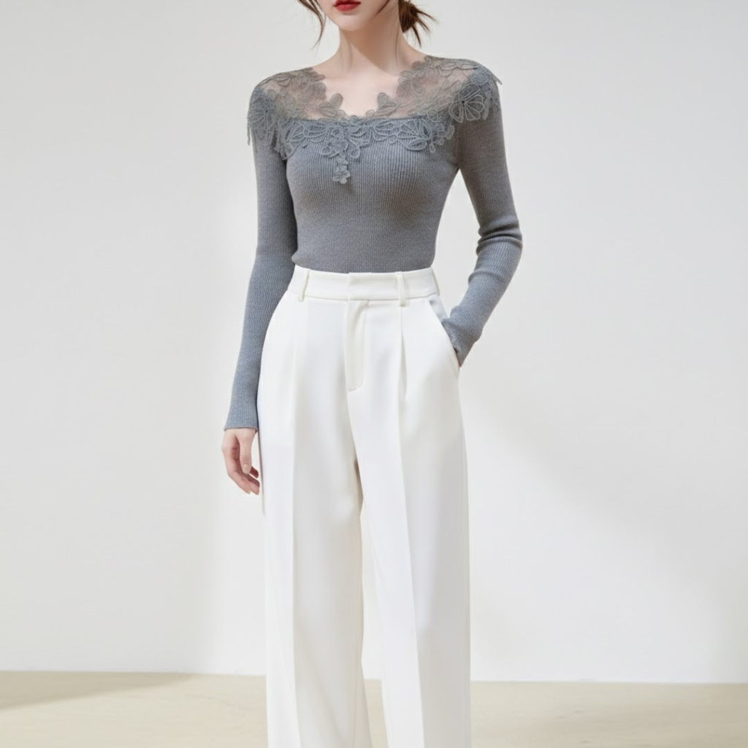 骨格ウェーブ 華やかレース オフショルリブニット