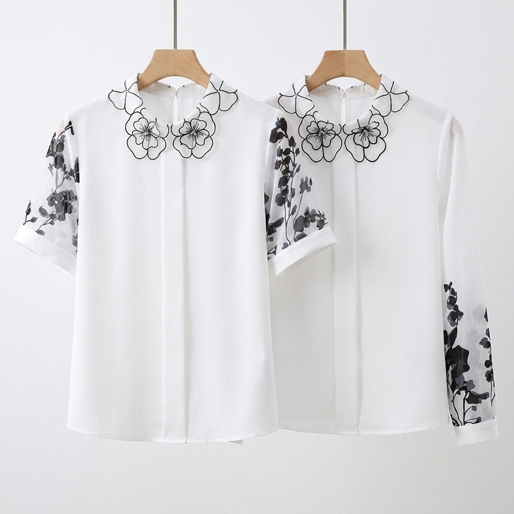 骨格ウェーブ 刺繍襟で華やぐ フラワーデザインブラウス（半袖・長袖 選べる2タイプ）