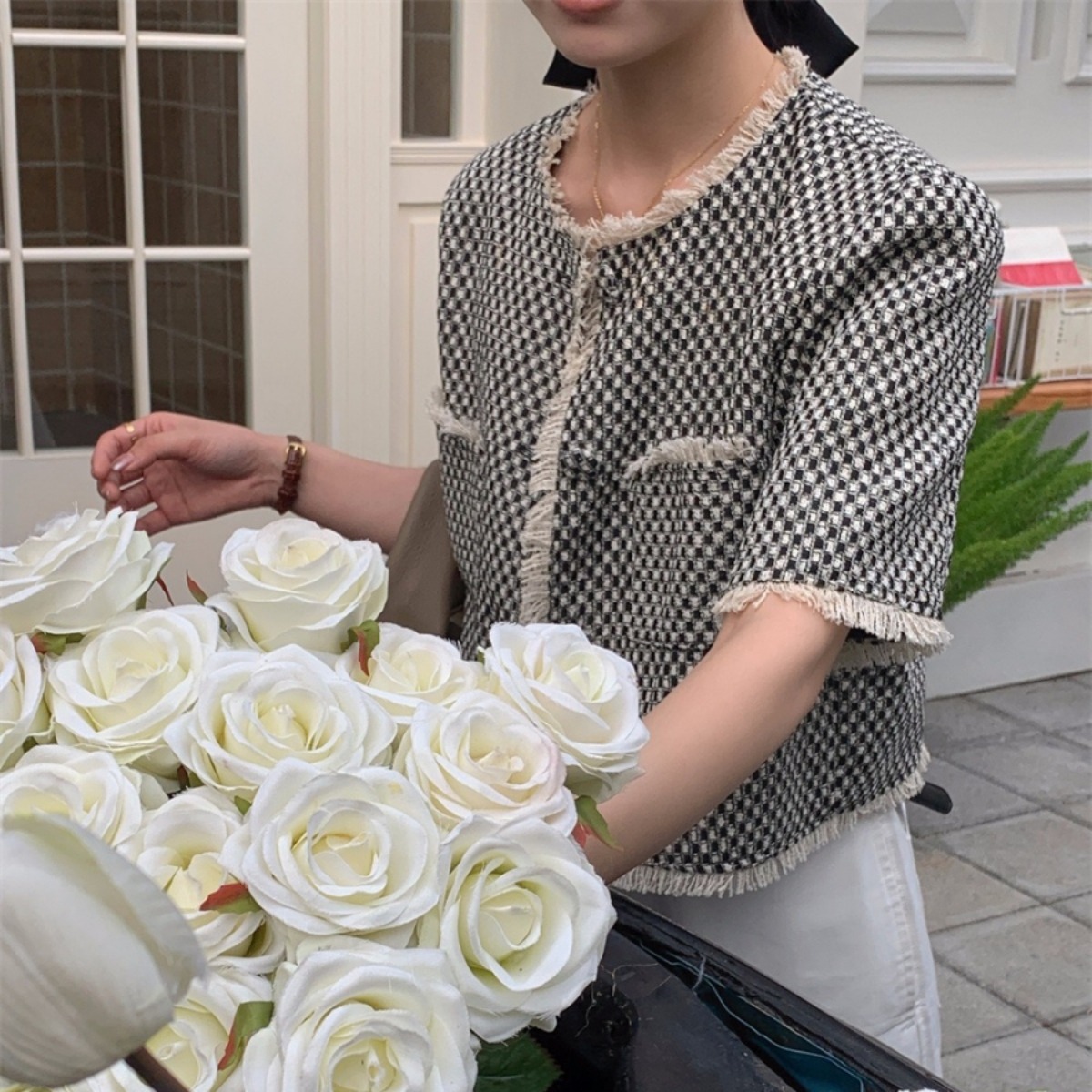 骨格ウェーブ フェミニン・ツイード クロップド丈 フリンジ半袖ジャケット