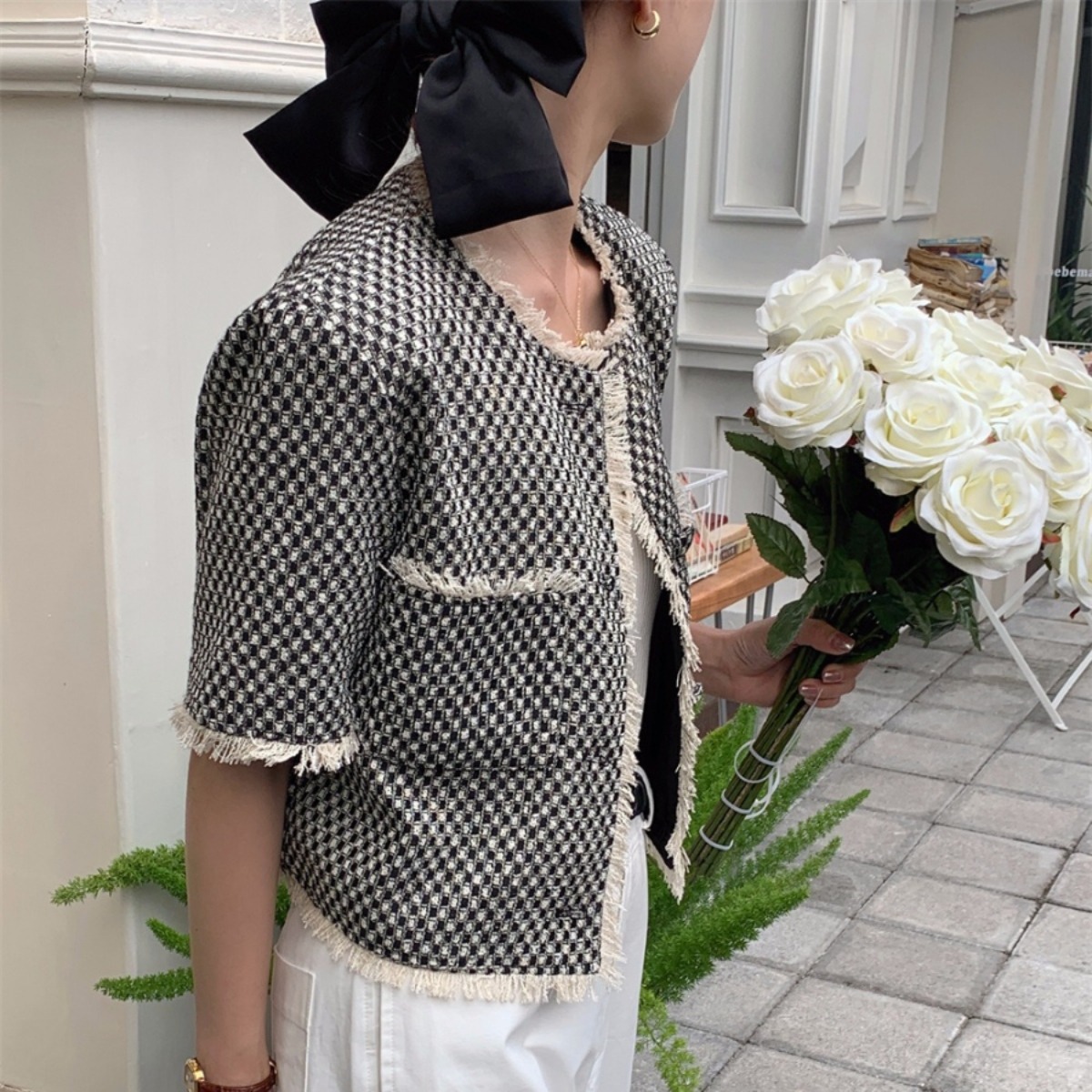 骨格ウェーブ フェミニン・ツイード クロップド丈 フリンジ半袖ジャケット