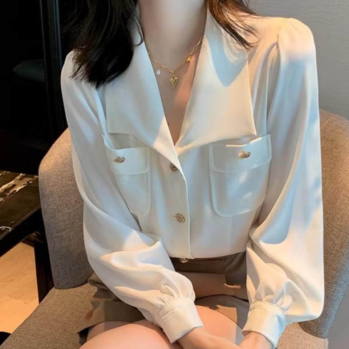 骨格ウェーブ ふんわりシフォン×ビッグカラー シャツブラウス