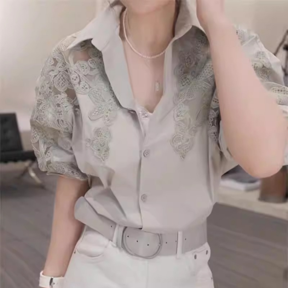 骨格ウェーブ 大人レース切替シアーシャツ