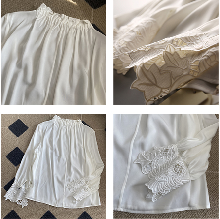 骨格ウェーブ 手元に咲くレース とろみシフォンブラウス