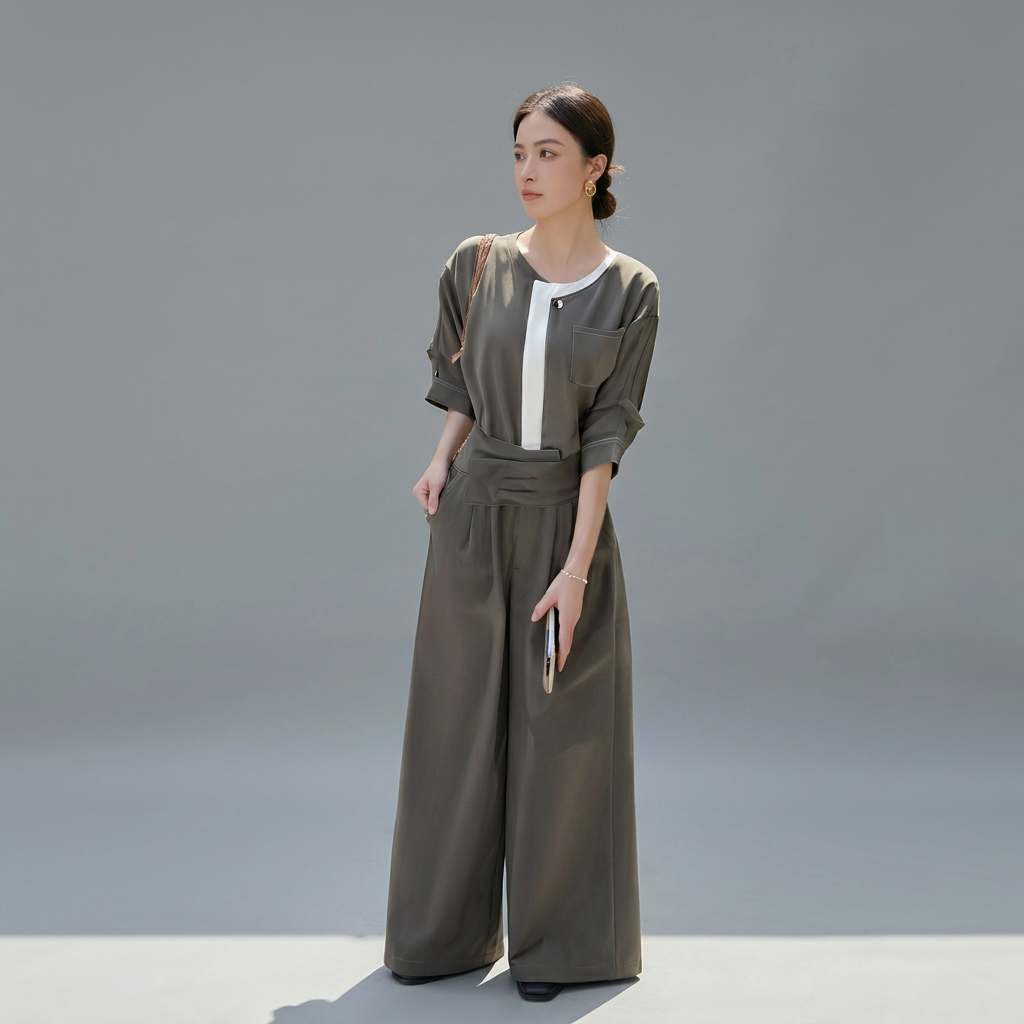 骨格ウェーブ 配色セットアップ（ブラウス＆ワイドパンツ）