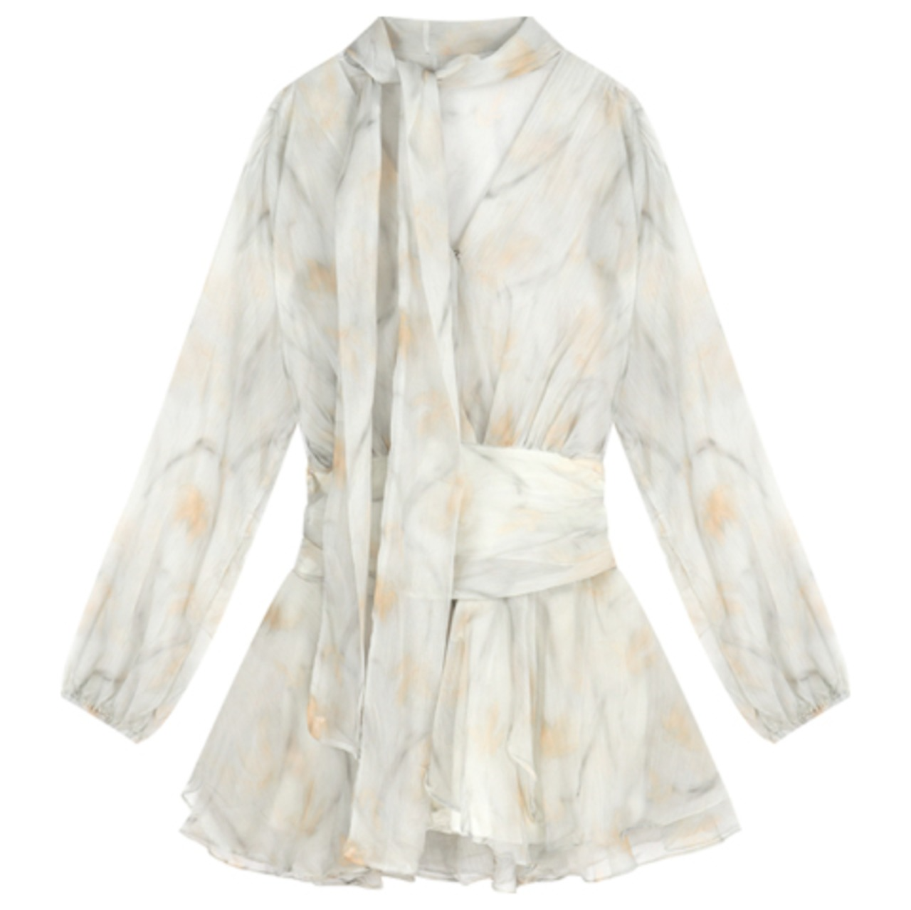 骨格ウェーブ フローラル Vネック 長袖 シフォンワンピース ウエストシェイプ ミニ丈