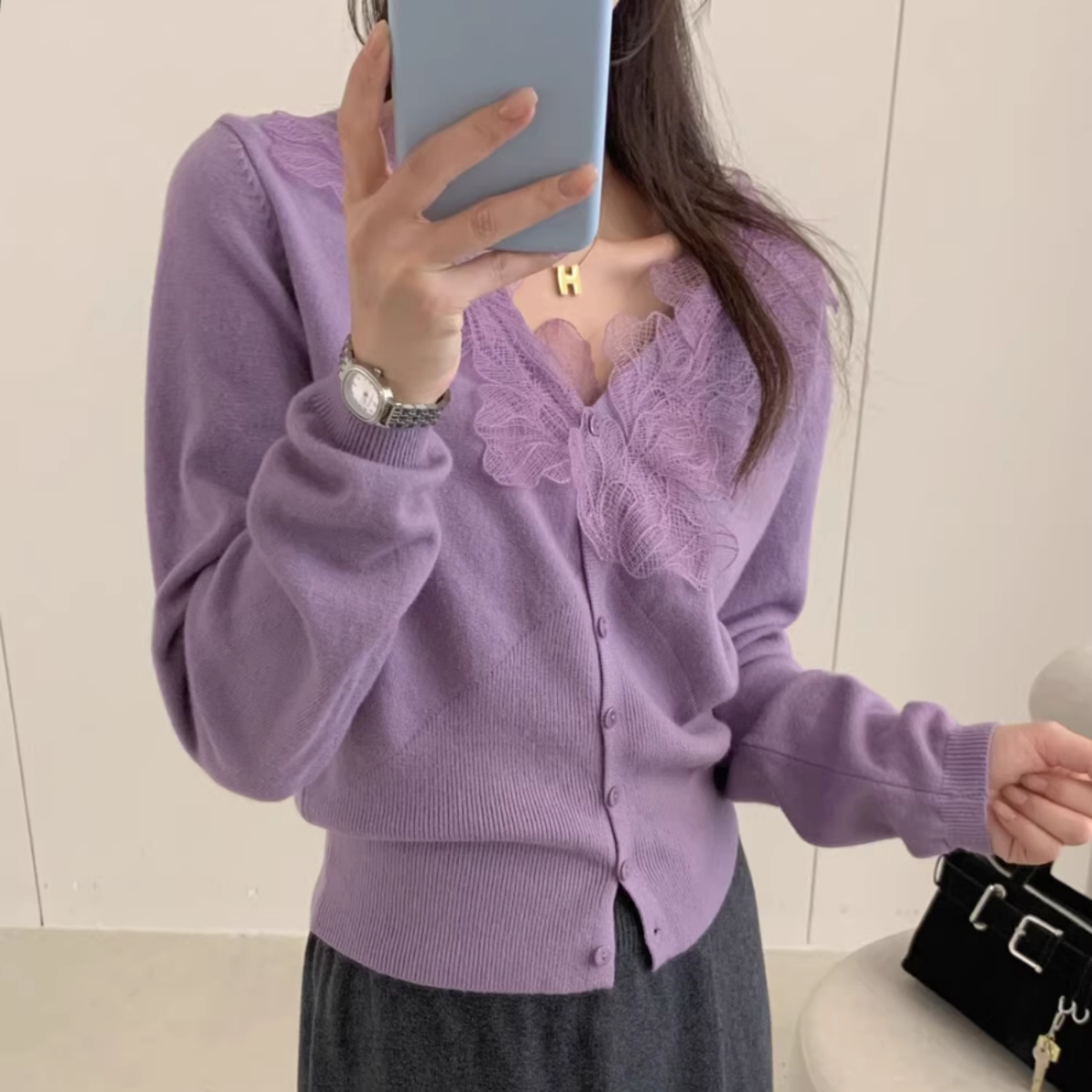 骨格ウェーブ 襟レース ニットカーディガン