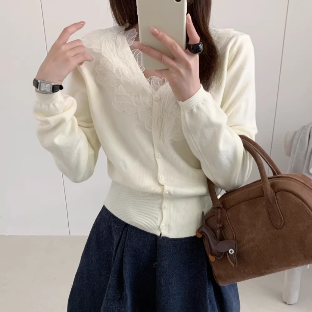 骨格ウェーブ 襟レース ニットカーディガン