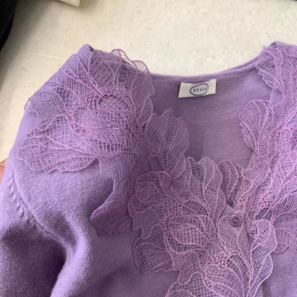 骨格ウェーブ 襟レース ニットカーディガン