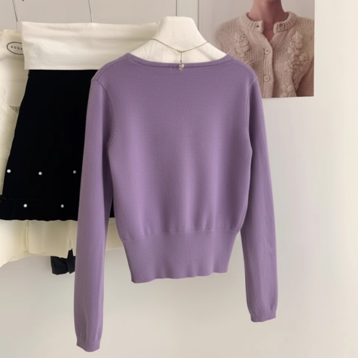 骨格ウェーブ 襟レース ニットカーディガン