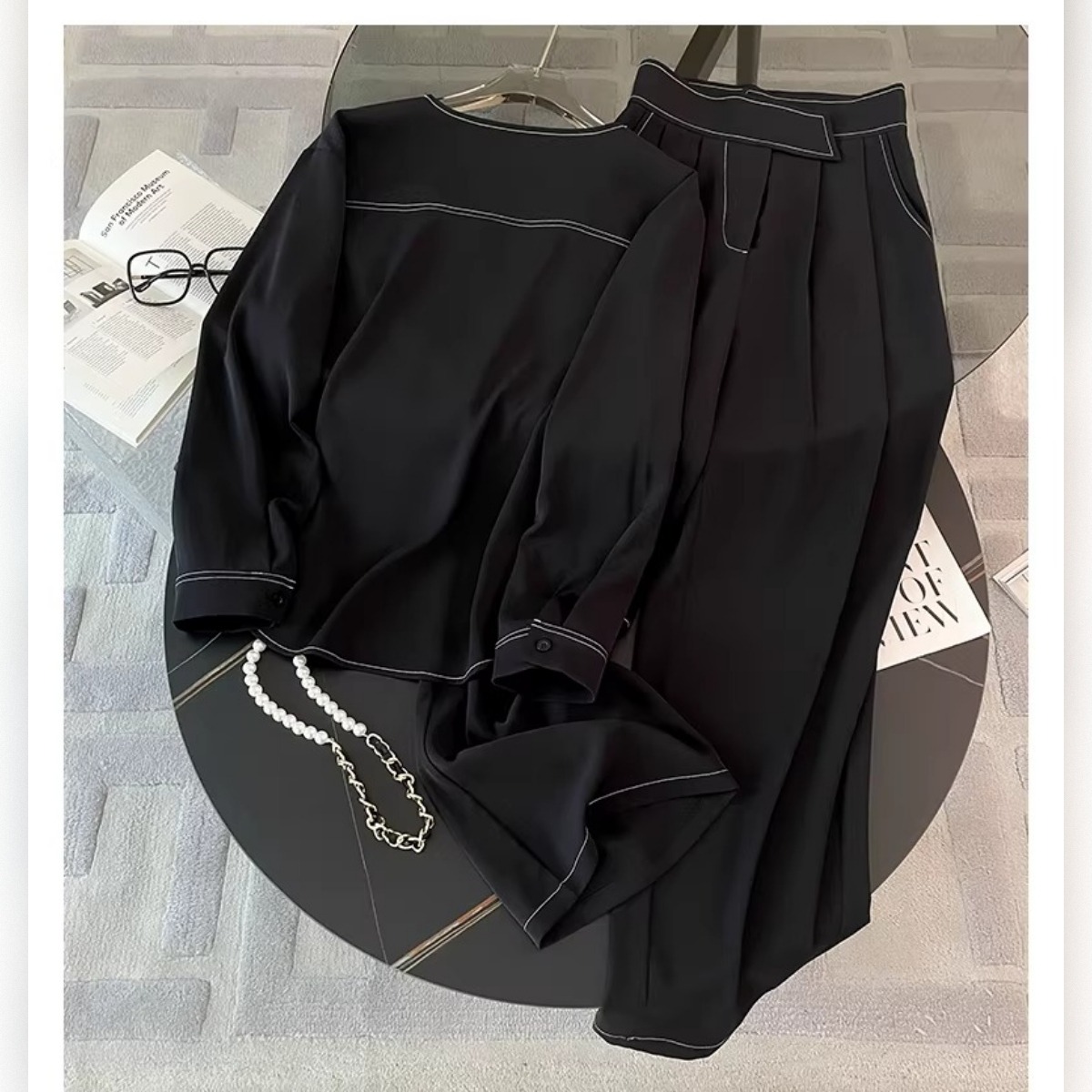 骨格ウェーブ 配色セットアップ（ブラウス＆ワイドパンツ）