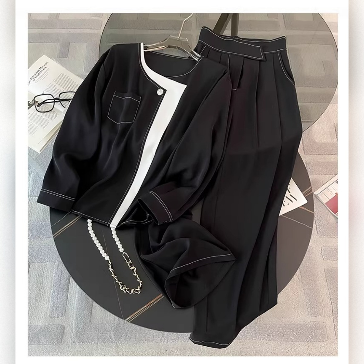 骨格ウェーブ 配色セットアップ（ブラウス＆ワイドパンツ）