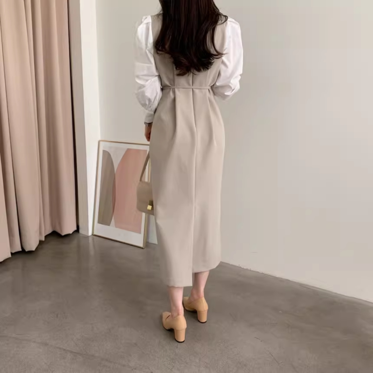 骨格ウェーブ パフスリーブウエストマークロングワンピース