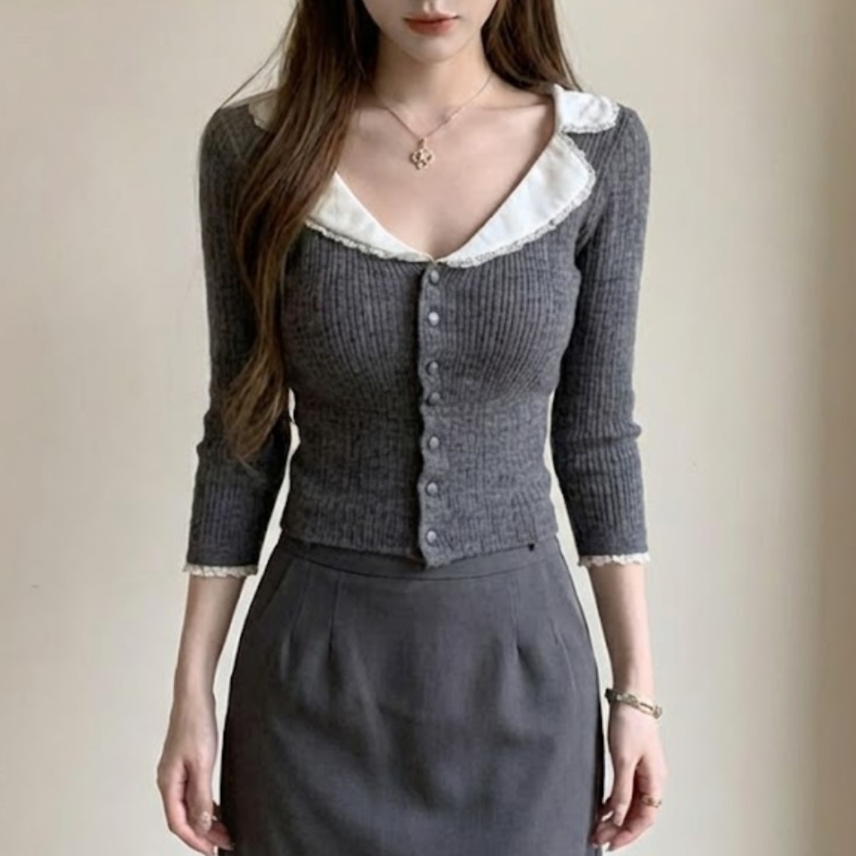 骨格ウェーブ 上半身華やか 配色ビッグカラー レースリブニットカーディガン