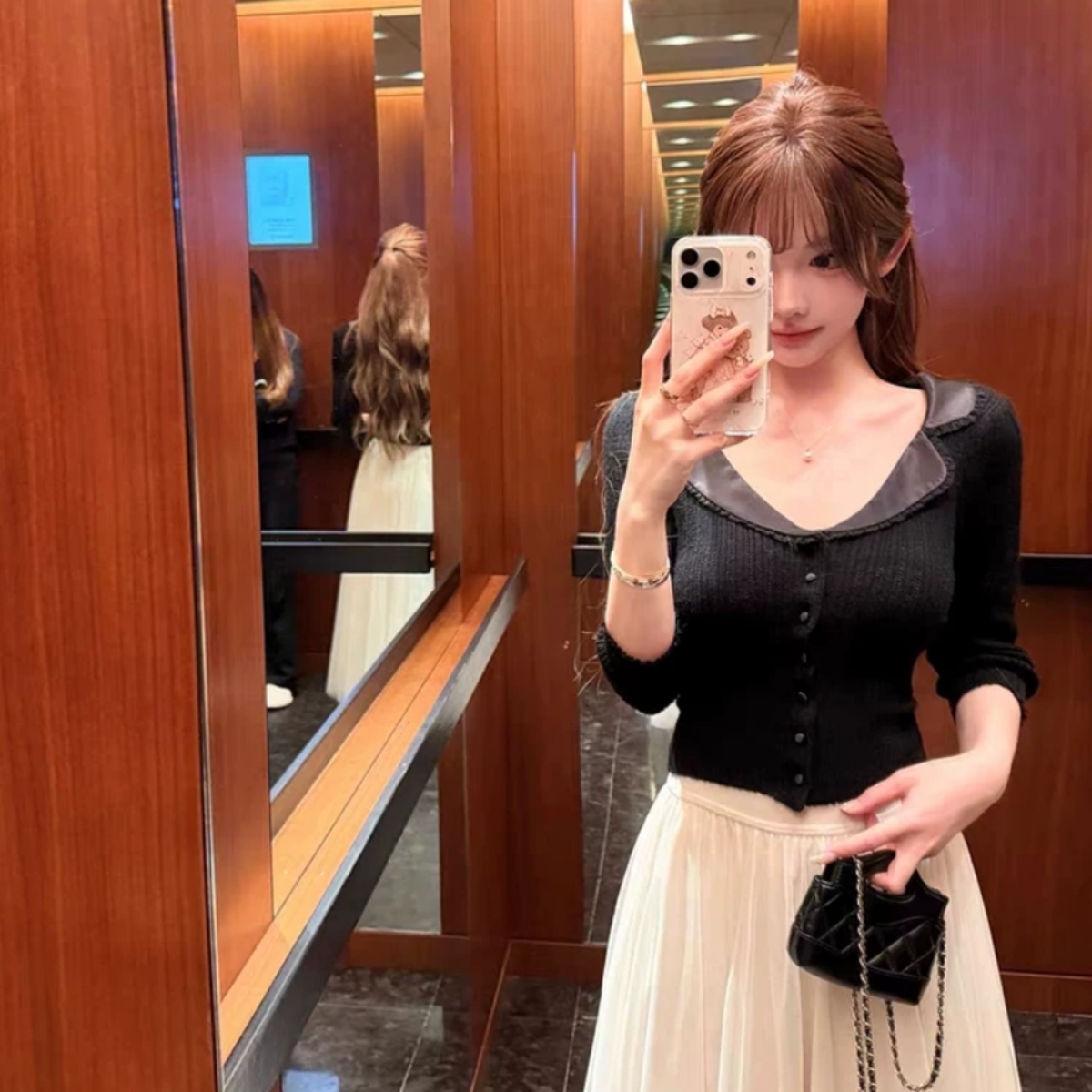 骨格ウェーブ 上半身華やか 配色ビッグカラー レースリブニットカーディガン