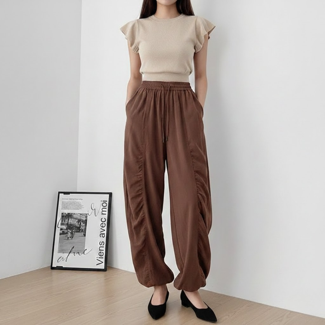 骨格ウェーブ ギャザーデザイン イージーカーブパンツ