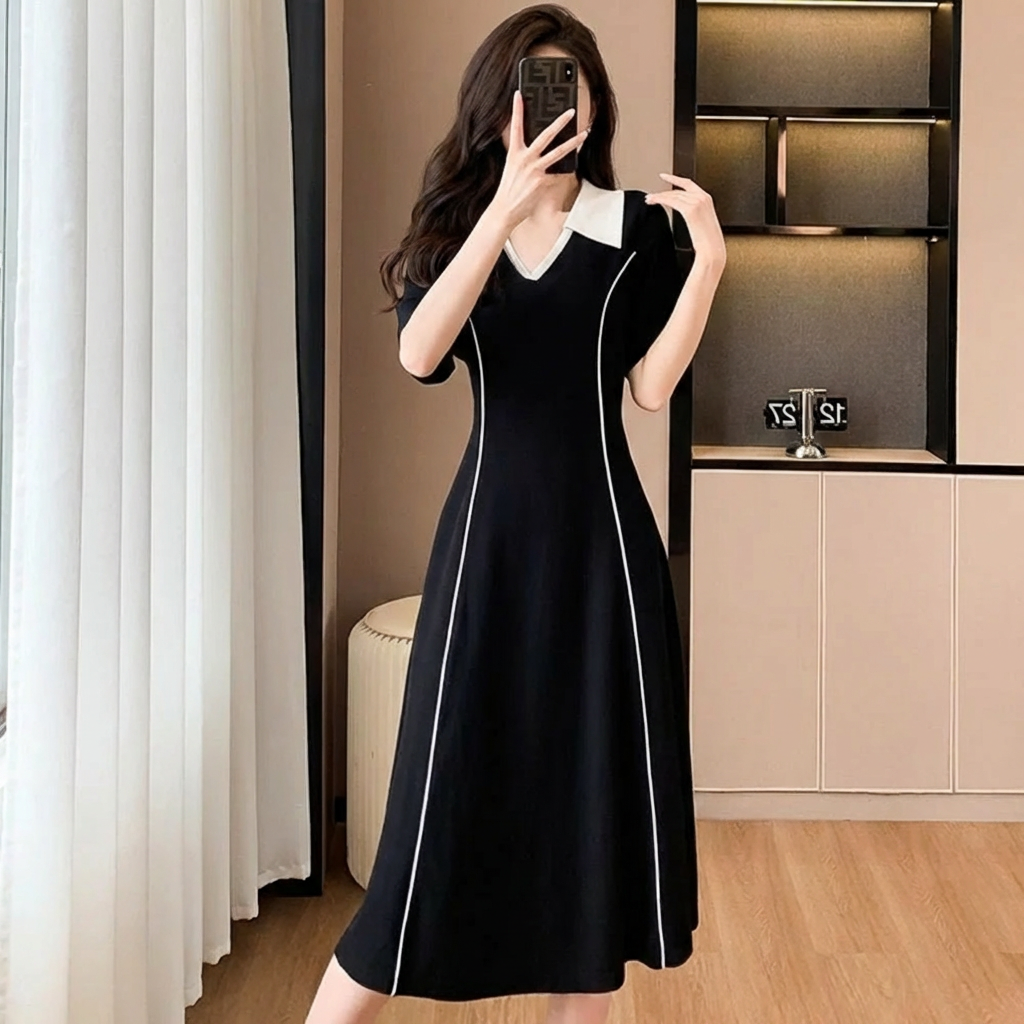 骨格ウェーブ 美バランス切替ライン フィット＆フレアワンピース