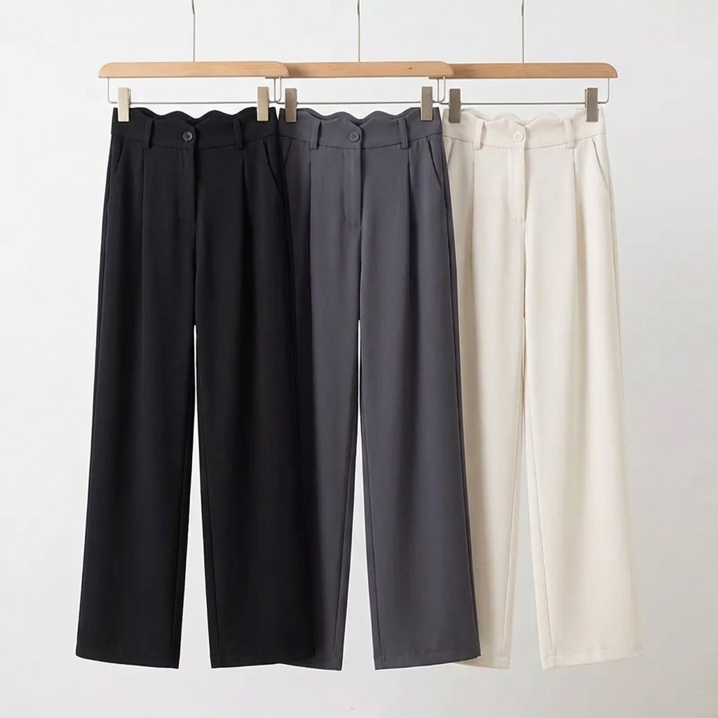 骨格ウェーブ 曲線美 スカラップハイウエスト とろみワイドパンツ